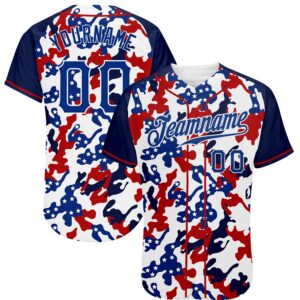 Custom White Royal Red-Navy Camo American Flag Patriotic Raglan Sleeves Authentic Baseball Jersey