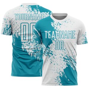 Custom White Teal Abstract Brush Stroke Sports Sublimation Soccer Uniform Jersey